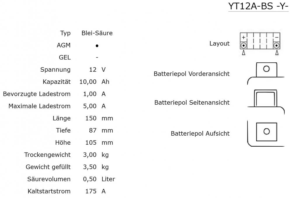 Yuasa YT12A-BS AGM Batterie 12V 10AH - Einbaufertig (YT12A-4, GT12A-BS)