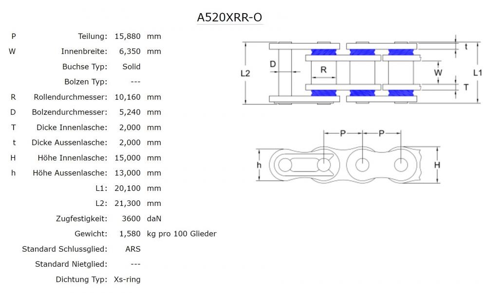 AFAM_Kette_XRR_O_520_XS_Ring_orange_Technische_Daten AFAM Kette XRR-O 520 XS-Ring orange - 120 Glieder - Clip Schloß - Enduro