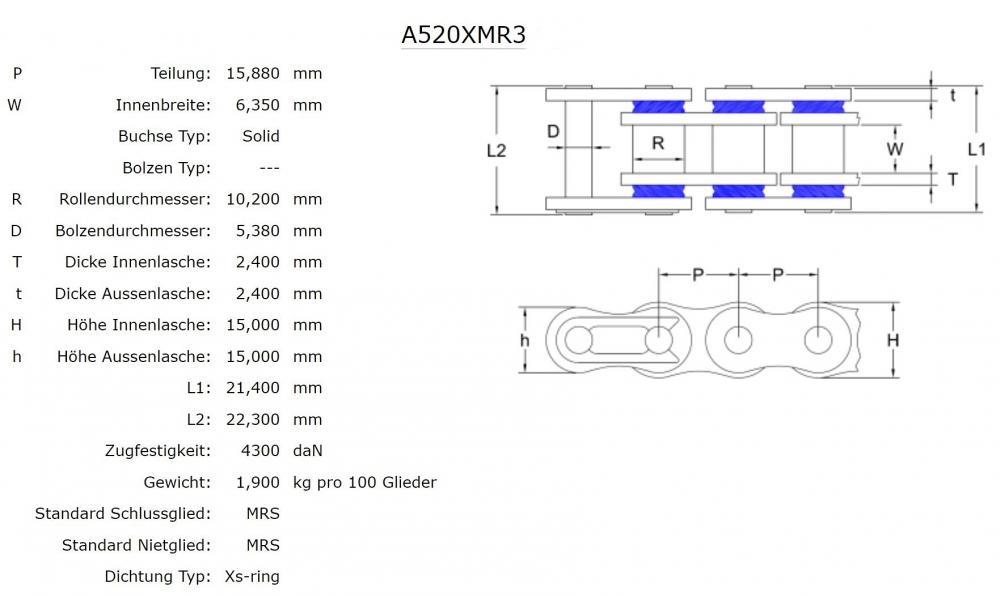 AFAM_XMR3_Kette_520_XS_Ring_Stahl_daten AFAM XMR3 Kette 520 XS-Ring Stahl - 120 Glieder - Nietschloß - Straße