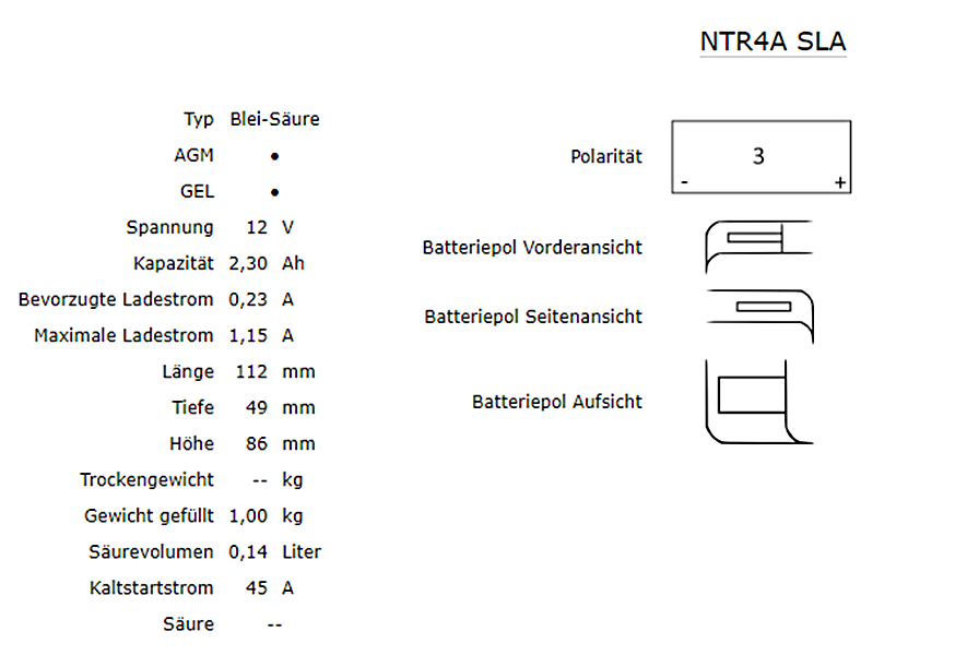 Nitro NTR4A / YTR4 SLA GEL AGM Batterie 12V 2,3AH - Einbaufertig