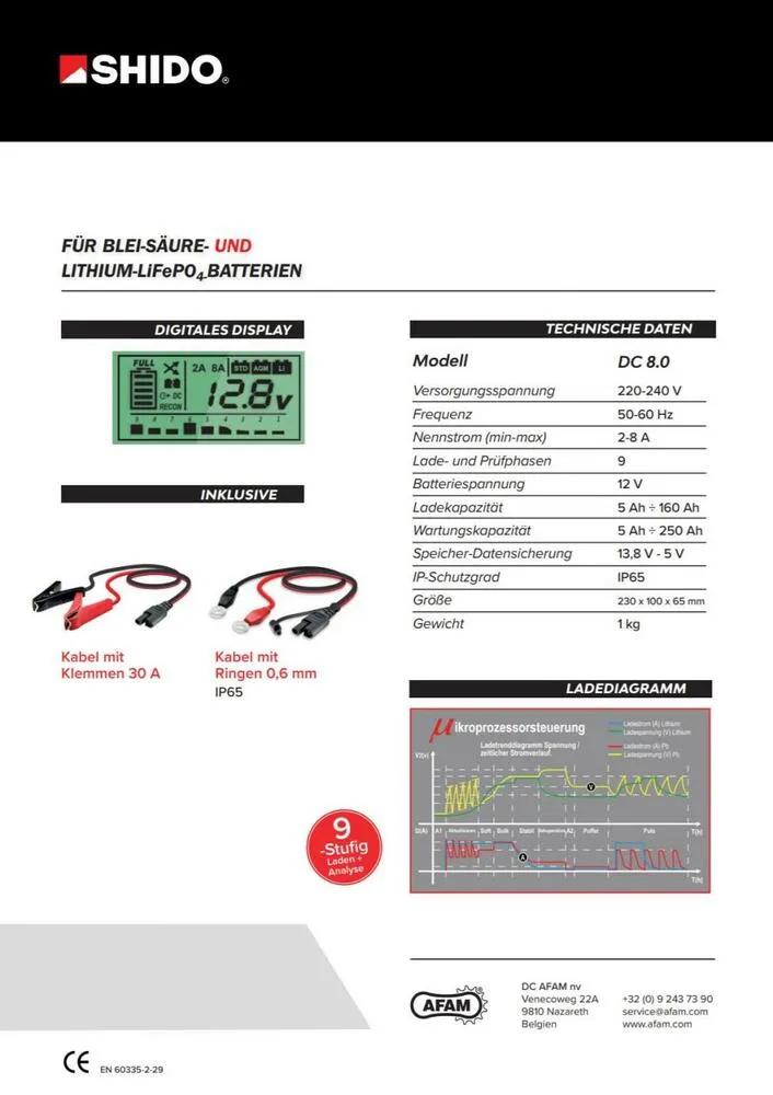 Shido DC8.0 Batterieladegerät 12V 2A / 8A für Blei-Säure + Lithium Batterie