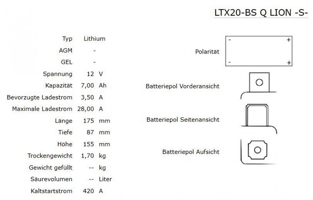 Shido LTX20 Q Lithium Ionen Batterie 12V (YTX20-BS, YTX20HL-BS)