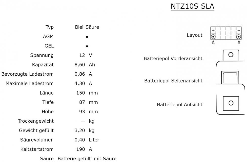 Nitro NTZ10S / YTZ10S SLA GEL AGM Batterie 12V 8,6AH - Einbaufertig (YTZ10S-BS)