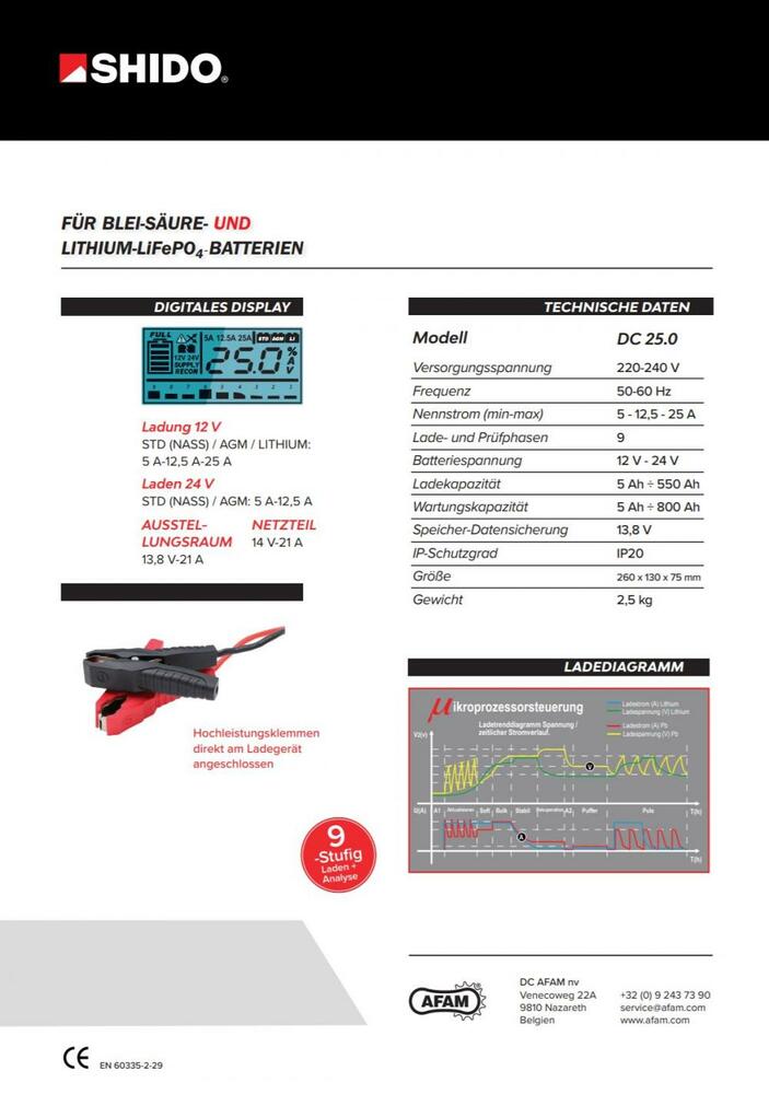 Shido DC25.0 Batterieladegerät 12V + 24V  5A / 12.5A / 25A für Blei-Säure + Lithium Batterie