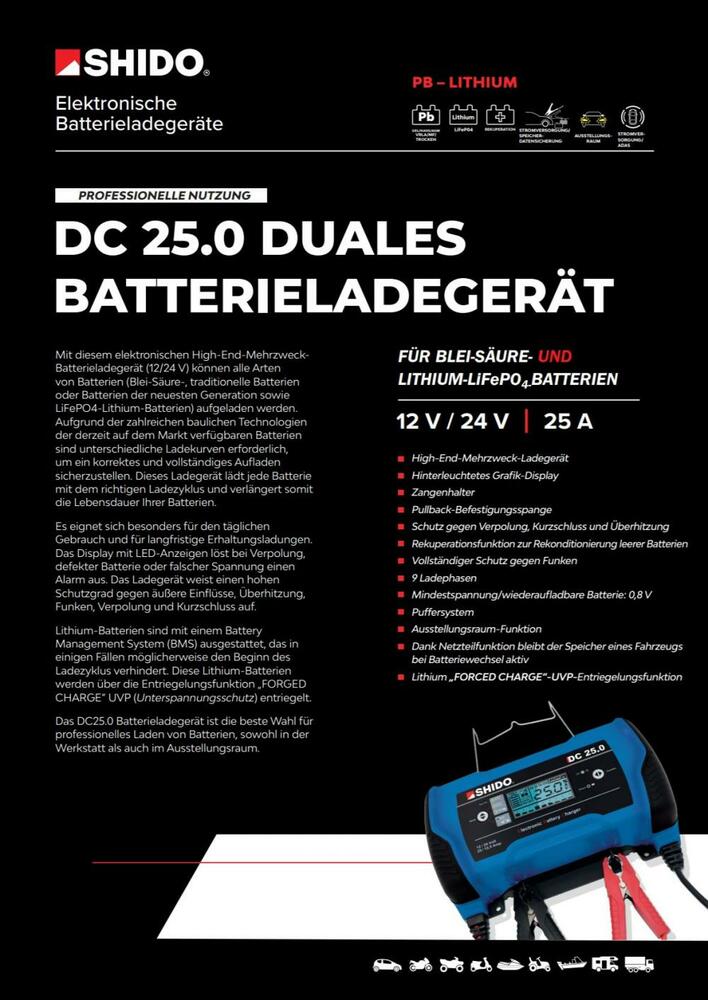Shido DC25.0 Batterieladegerät 12V + 24V  5A / 12.5A / 25A für Blei-Säure + Lithium Batterie