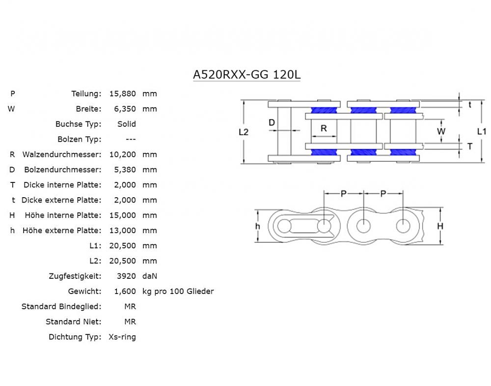 Afam_Kette_520er_RXX_GG_120_Glieder_Technische_Daten Afam Kette 520 RXX-GG XSS-Ring gold 120 Glieder Straße Rennkette