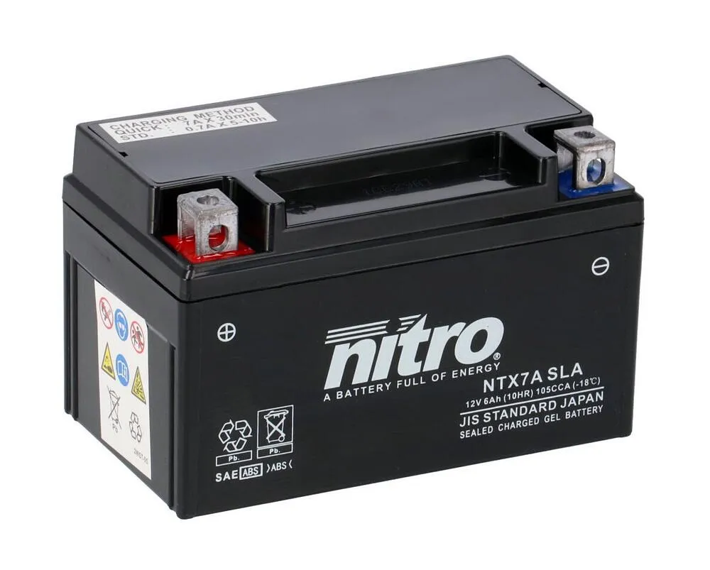 NTX7A-SLA Nitro NTX7A SLA GEL AGM Batterie 12V 6AH - Einbaufertig (YTX7A-BS FTX7A-BS)