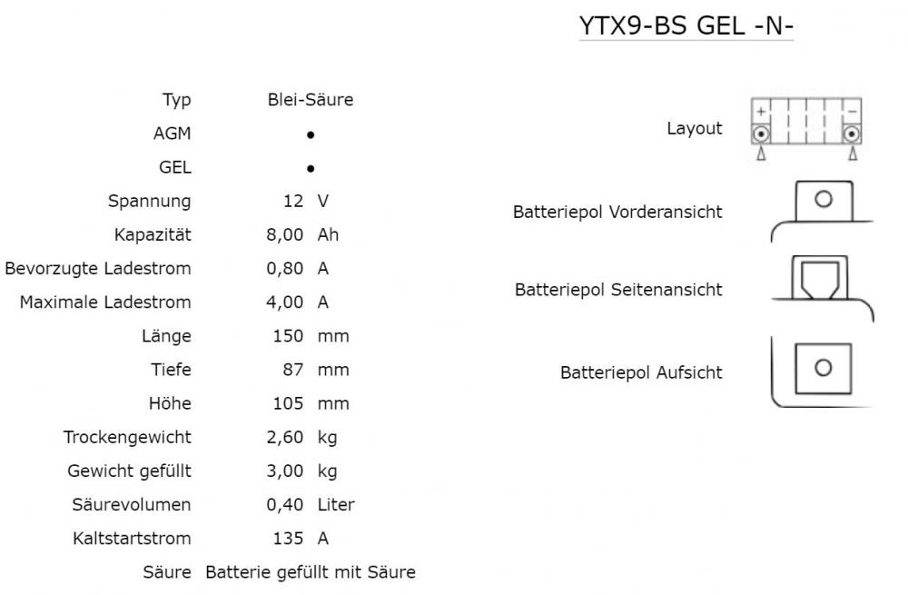 Nitro GEL YTX9-BS AGM Batterie 12V 8AH (GTX9-BS, ETX9-BS, FTX9-BS, CTX9-BS)