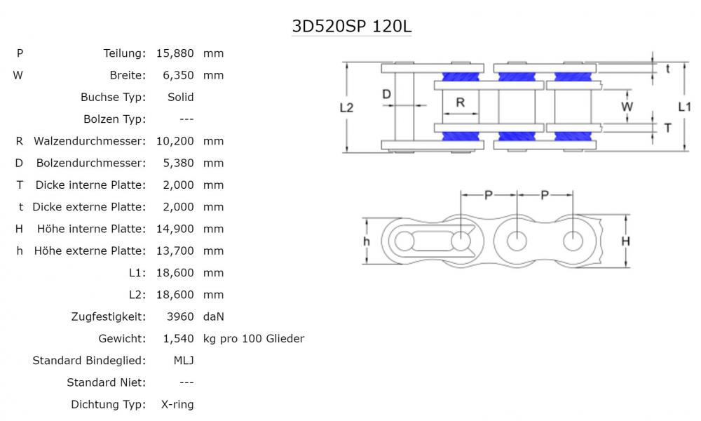 Technische_Daten_Enuma_3D_SP_520_Kette Enuma 3D Kette 520 SP X-Ring verstärkt Chrom 120 Glieder Straßen Rennkette