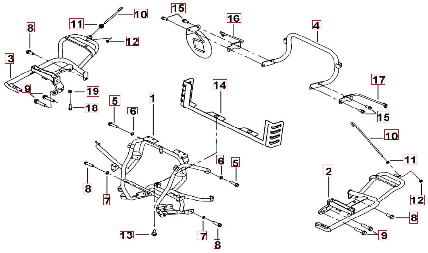 Hilfsrahmen-Halter Fußstütze-Halter Gepäckträger Hilfsrahmen-Halter Fußstütze-Halter Gepäckträger