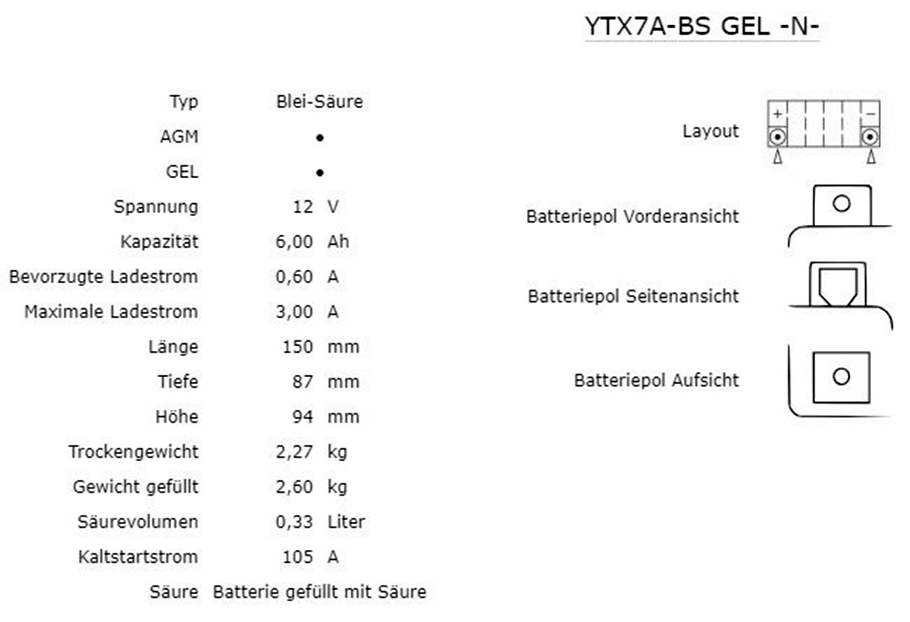 Nitro GEL YTX7A-BS AGM Batterie 12V 6AH (GTX7A-BS, FTX7A-BS)